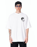 Yin Yang Brush Graphic Oversized White T-Shirt with black brush symbol print