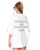 "Loved Me" Text Print White Oversized T-shirt with bold streetwear style