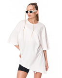 Women's Oversized Asymmetrical White T-Shirt styled with black shorts