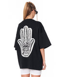 Women's Oversized Chest and Back 3D Printed Black T-Shirt on female model