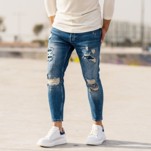 Herren Distressed Jeans mit Flick in dunkelblau - 1