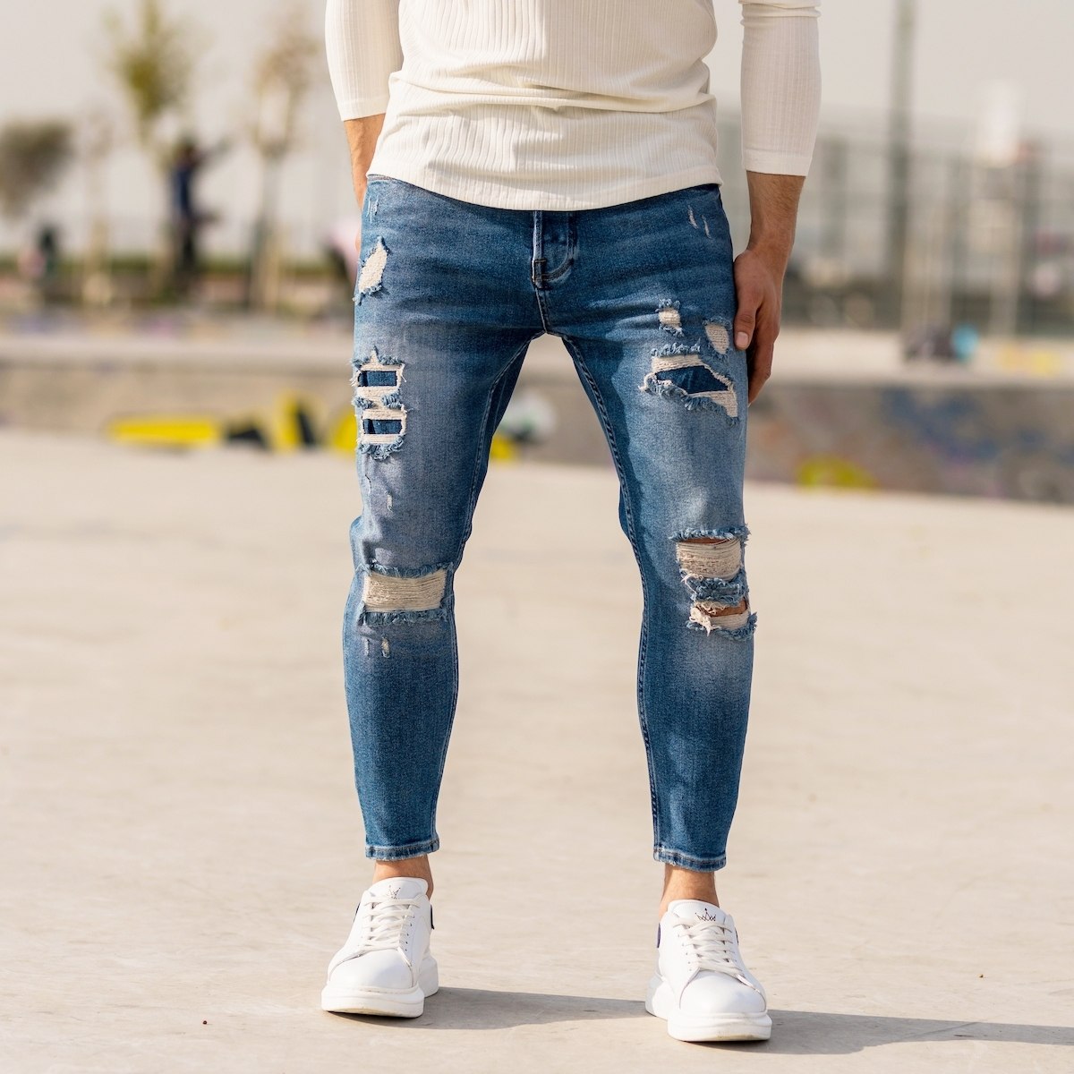 Herren Distressed Jeans mit Flick in dunkelblau - 4