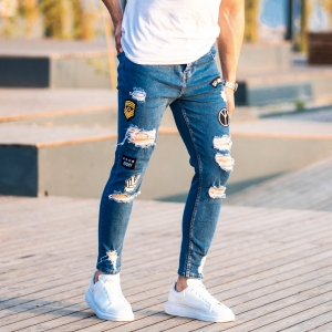 Men's Patchworked Jeans In Blue - 2