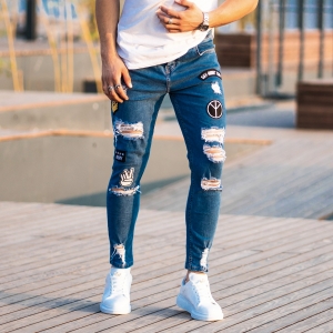 Herren Jeans mit Rissen und Strickdetails in blau - 3