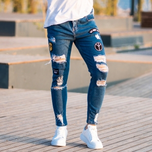 Herren Jeans mit Rissen und Strickdetails in blau - 4