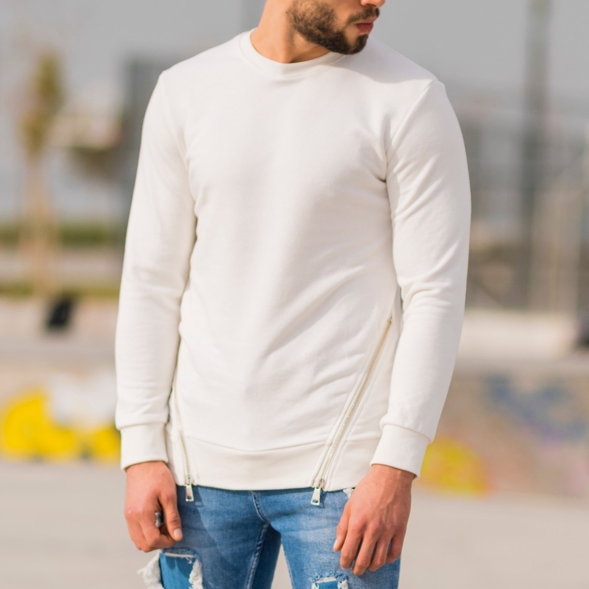 Men's Double Zipped Sweatshirt In White
