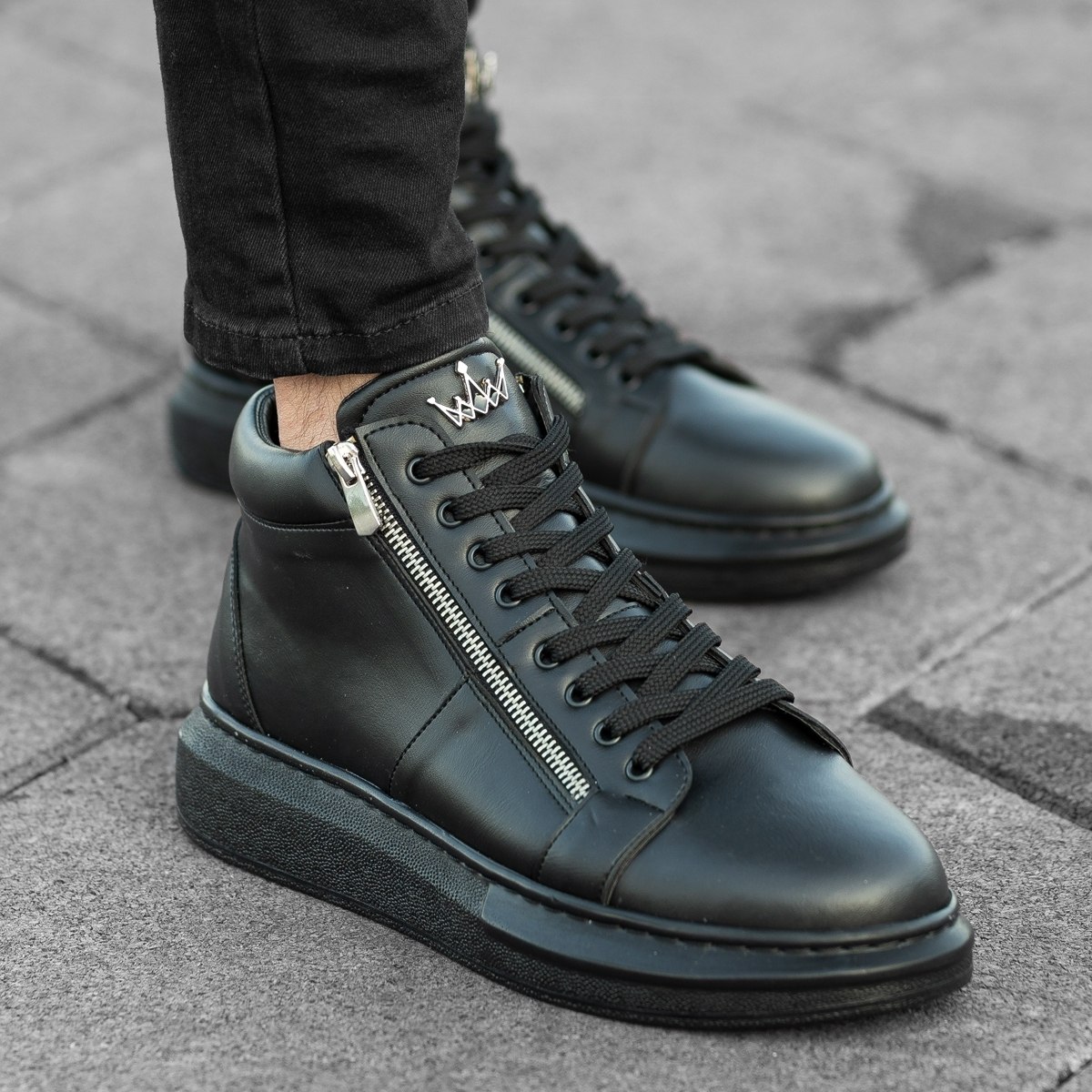 Men’s High Top Sneakers Designer Zipper Shoes Black