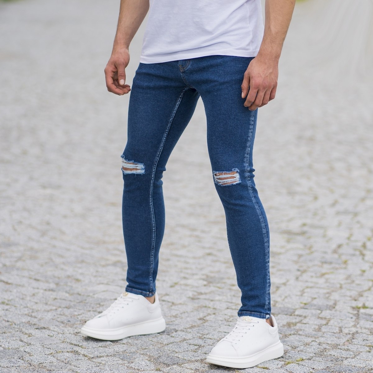 Herren Skinny Jeans mit Rissen in dunkelblau - 5