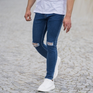Men's Distorted Leg Skinny Jeans In Navy Blue - 6