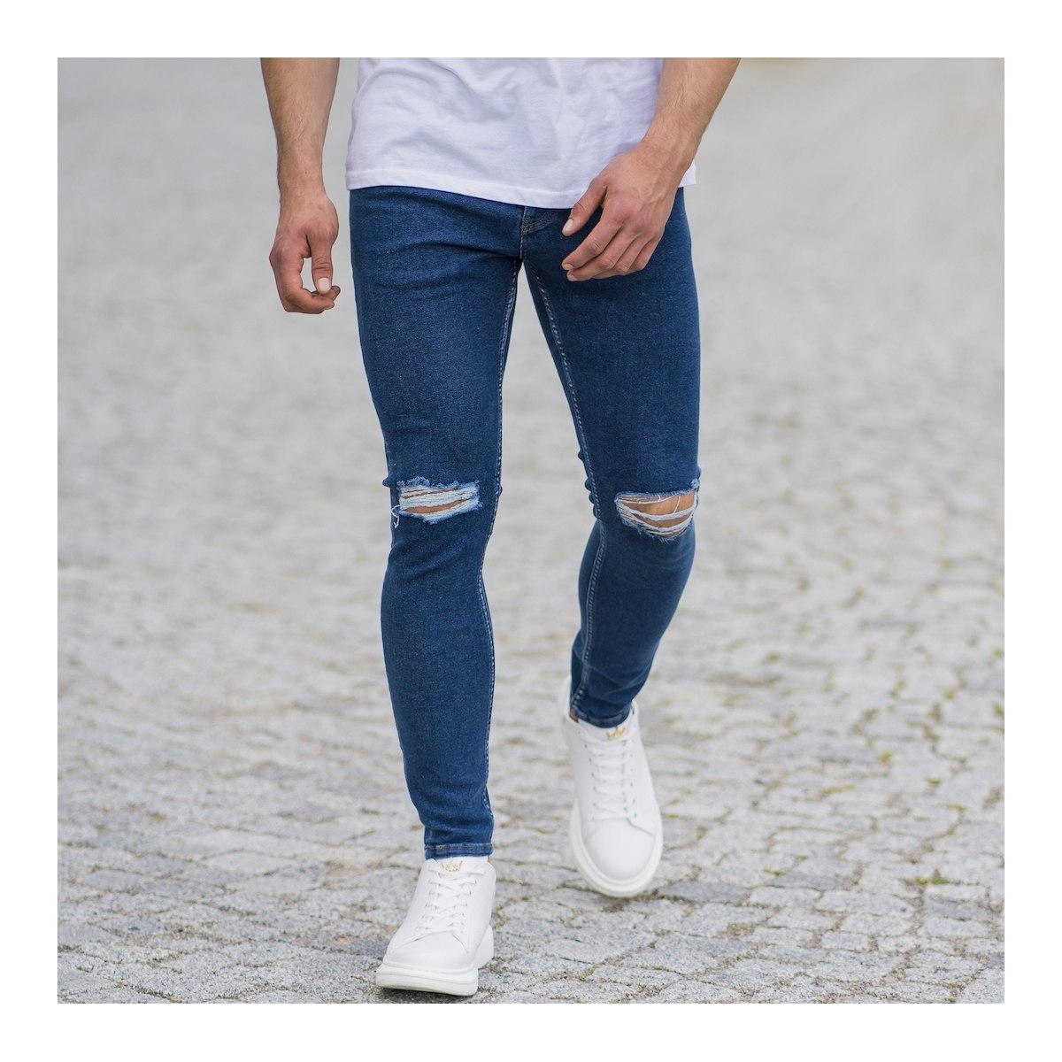 Herren Skinny Jeans mit Rissen in dunkelblau - 7
