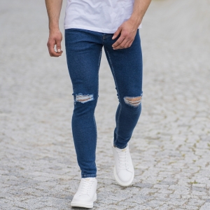 Men's Distorted Leg Skinny Jeans In Navy Blue - 7