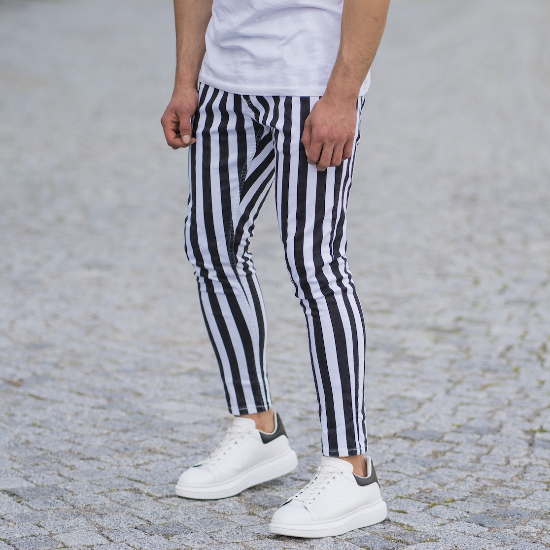 grey and white striped jeans