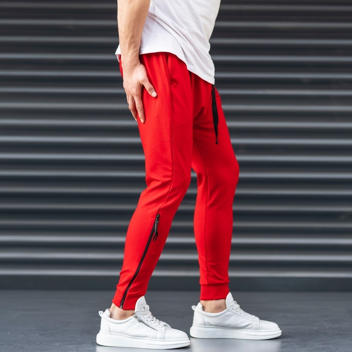 Red Shalvar Trousers with Zip - 4