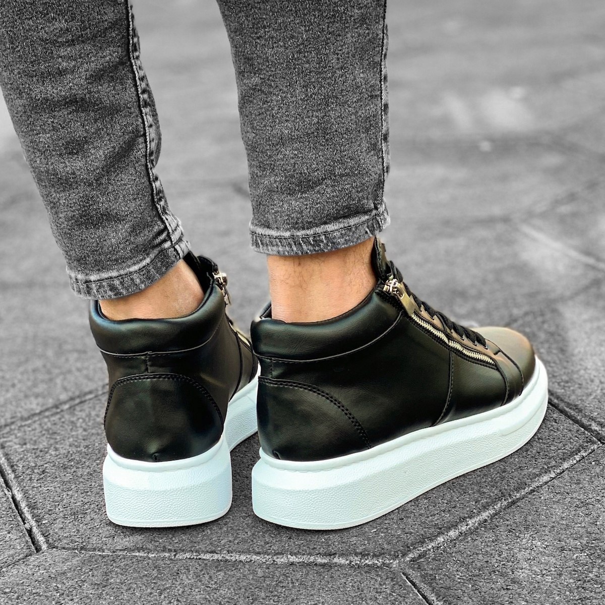 Men’s High Top Sneakers Designer Zipper Shoes Black-White