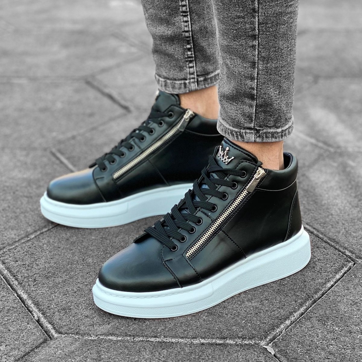 Herren High Top Sneakers Designer Schuhe mit Reissverschluss in schwarz-weiss - 3