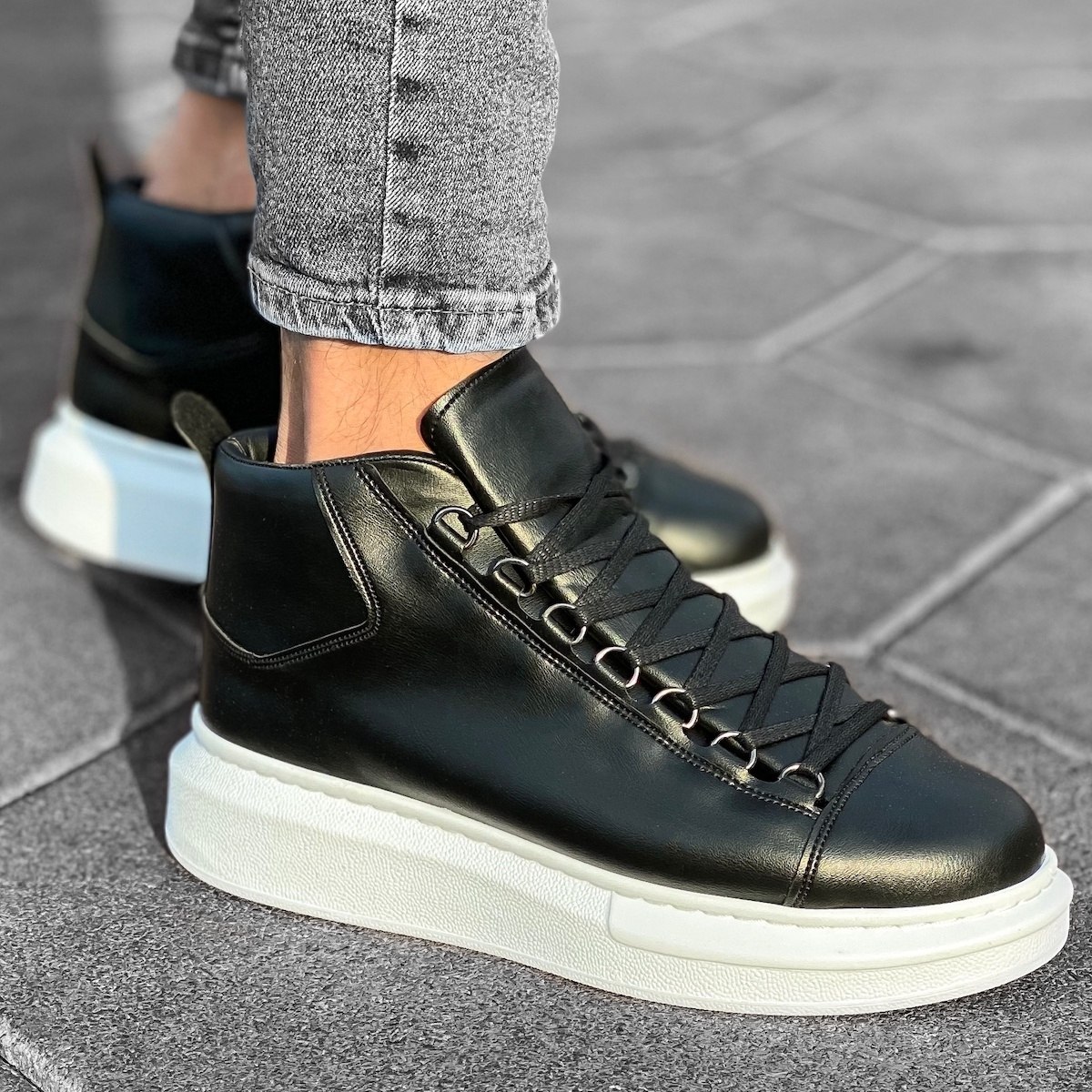 Men’s High Top Sneakers Shoes Black-White