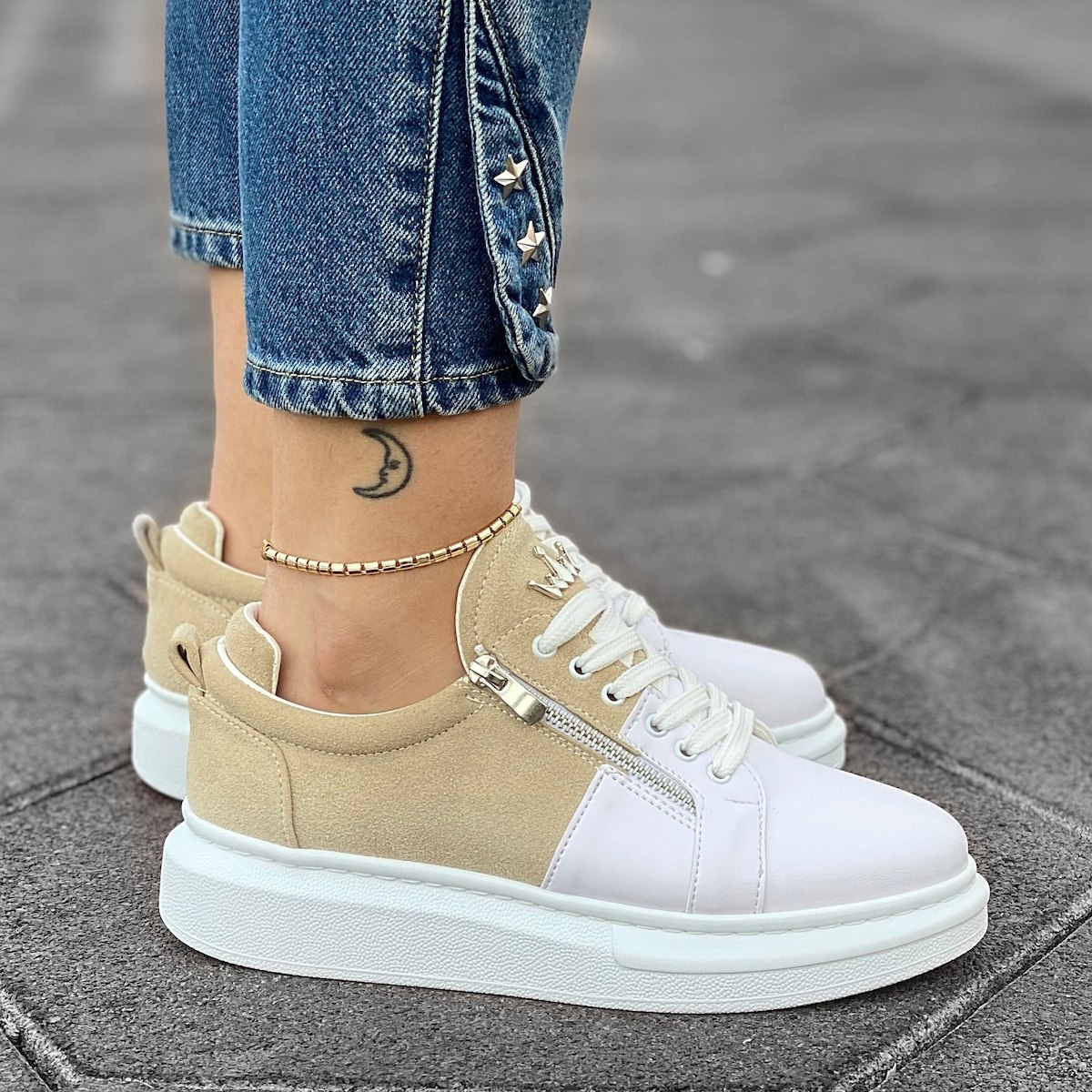 Women's Chunky Sneakers with Zippers in Cream and White | Martin Valen