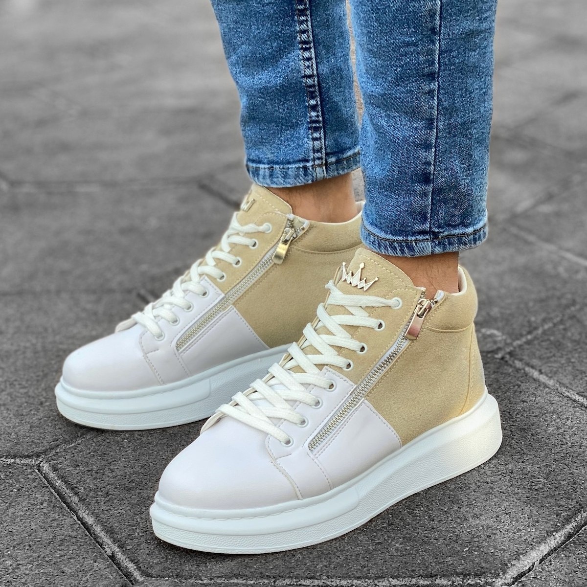 Hype Sole Zipped Style High Top Sneakers in Cream-White | Martin Valen