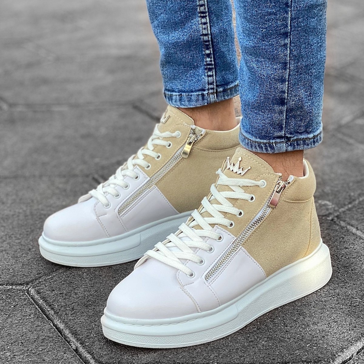 Hype Sole Zipped Style High Top Sneakers in Cream-White | Martin Valen
