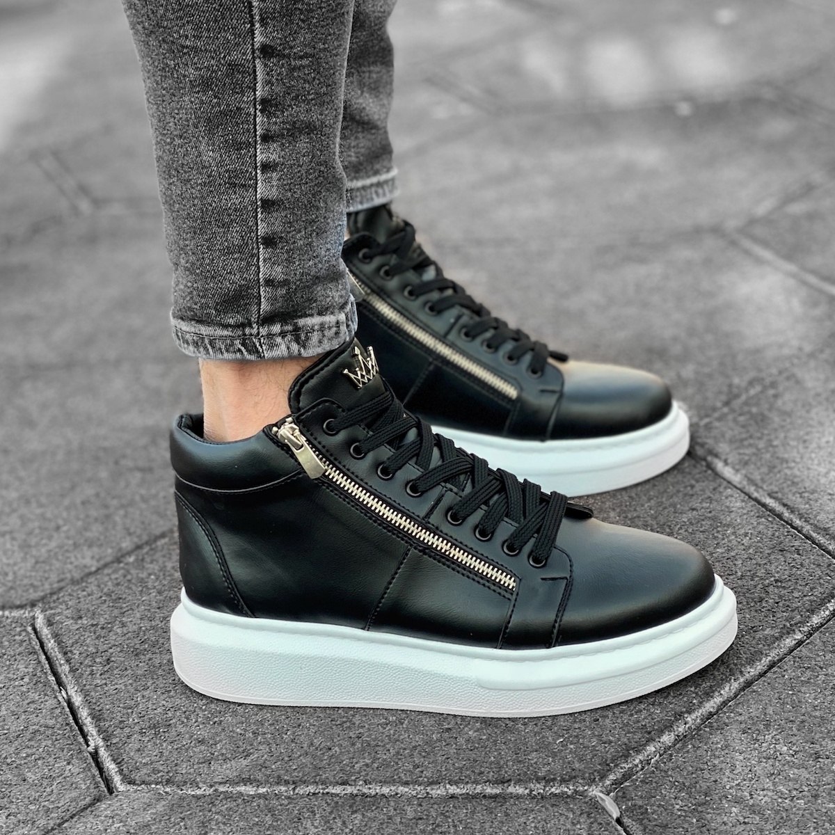 Men’s High Top Sneakers Designer Zipper Shoes Black-White
