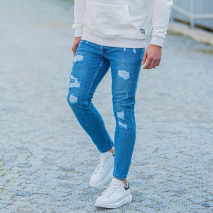 Men's Skinny Ragged Jeans In Blue - 3
