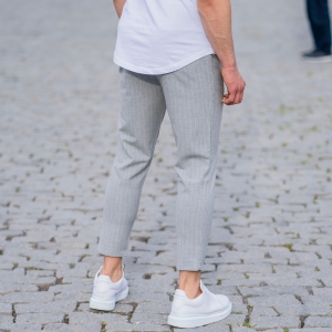 Stone Gray Trousers With White Stripes and Chain - 5