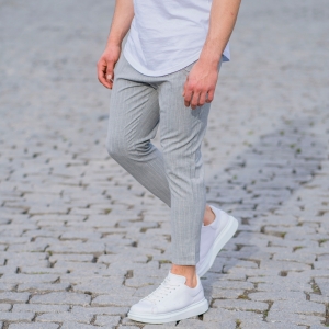 Stone Gray Trousers With White Stripes and Chain - 3