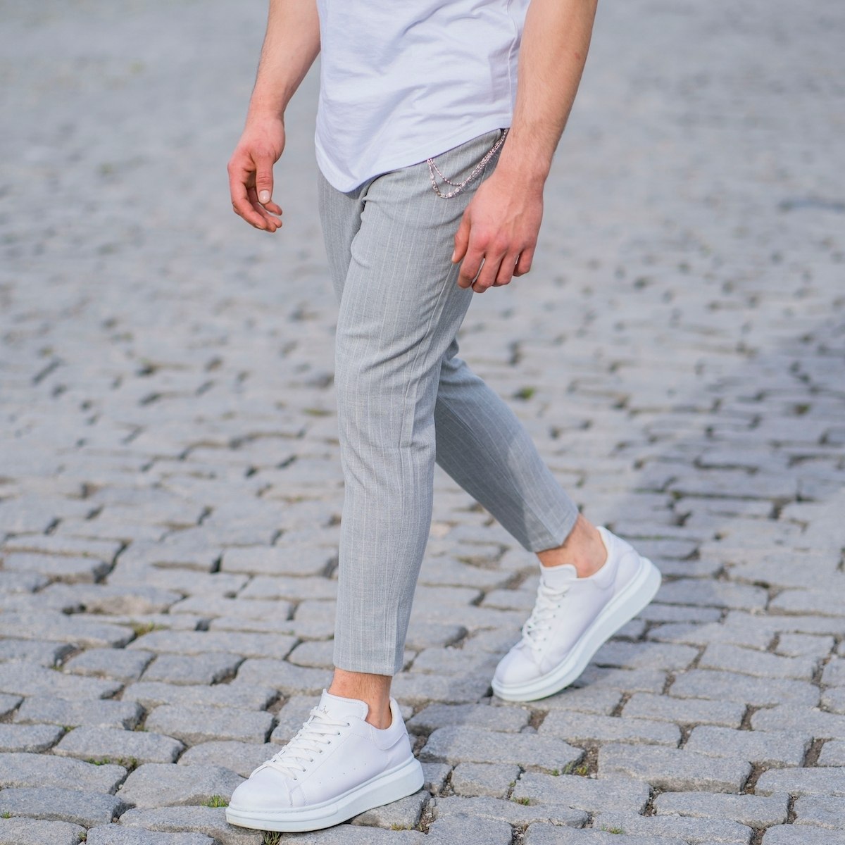 Stone Gray Trousers With White Stripes and Chain - 4