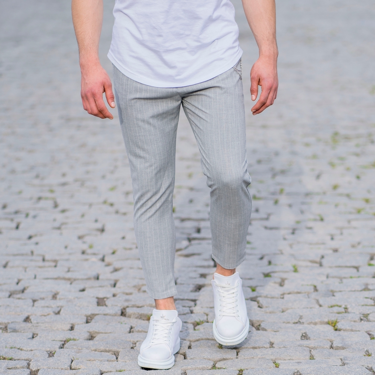 grey and white striped pants