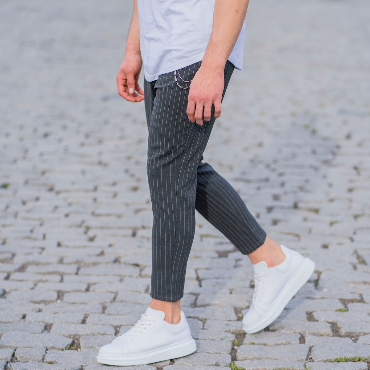 Gray Trousers With White Stripes and Chain | Martin Valen