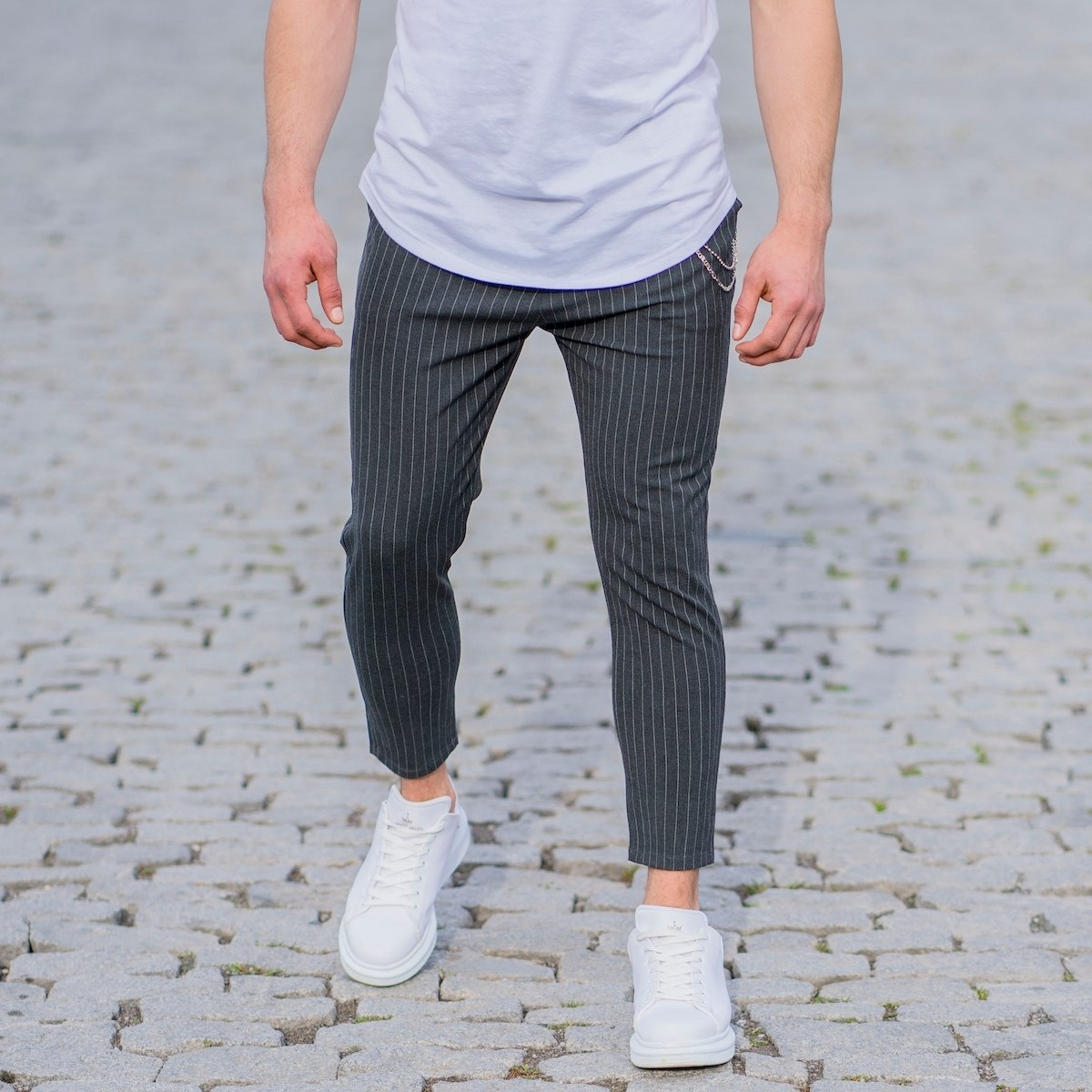 Gray Trousers With White Stripes and Chain