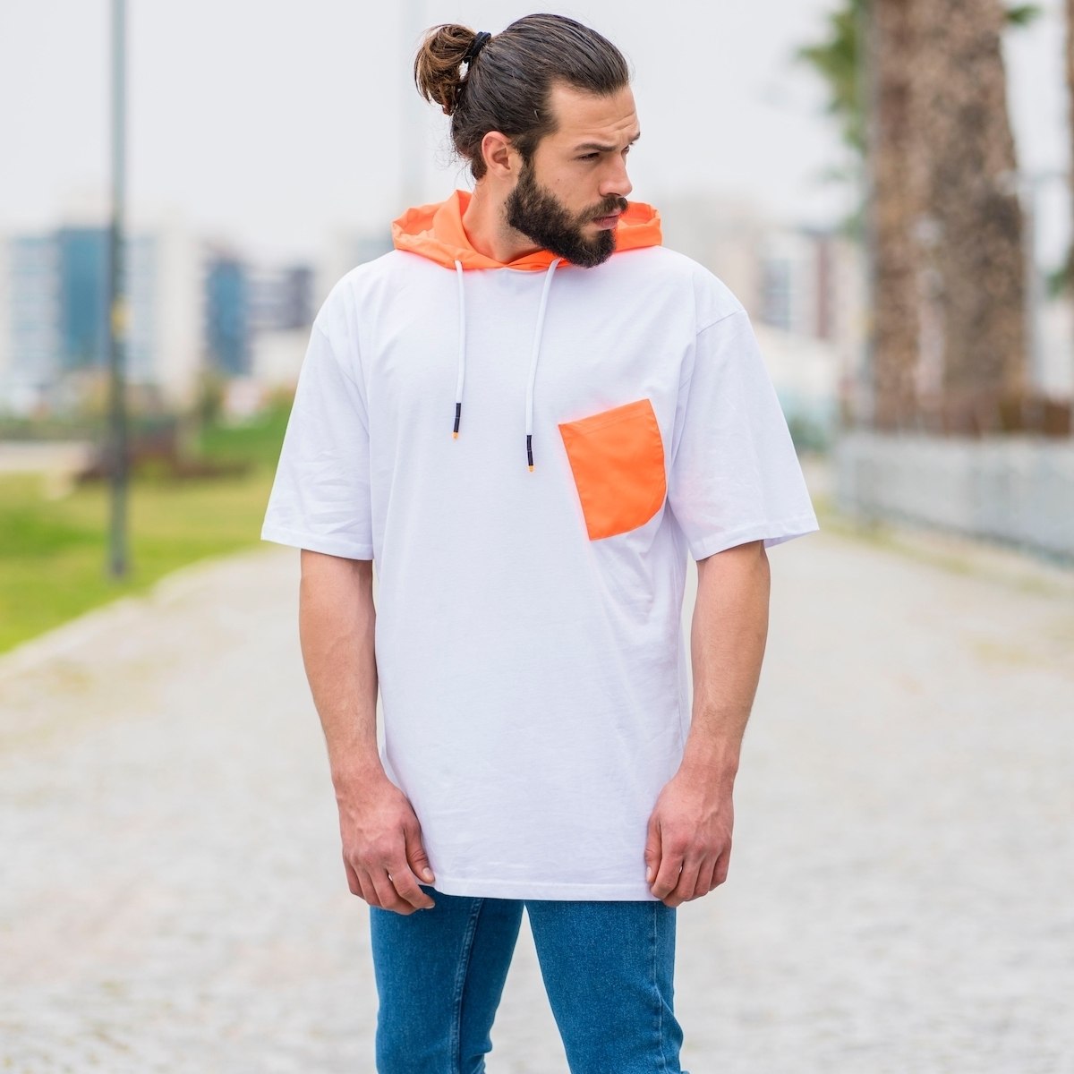 Men's Hallf-Sleeved Hoodie With Rainproof Hood In White - 3