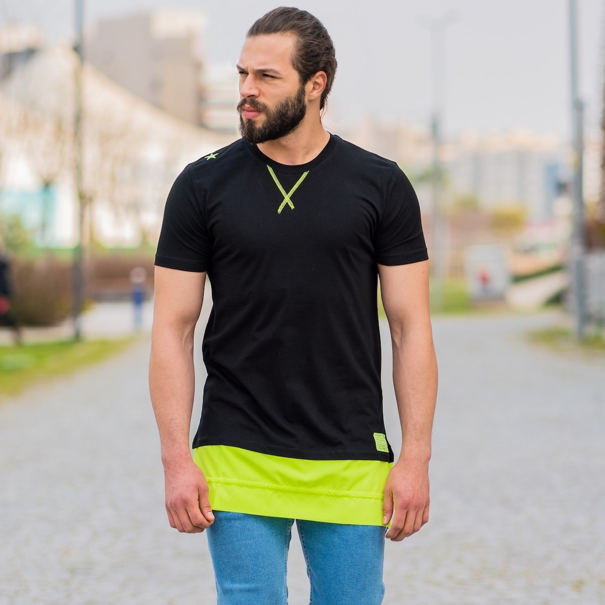 Men's Double-Tailed Neon Oversize T-Shirt In Black - 1