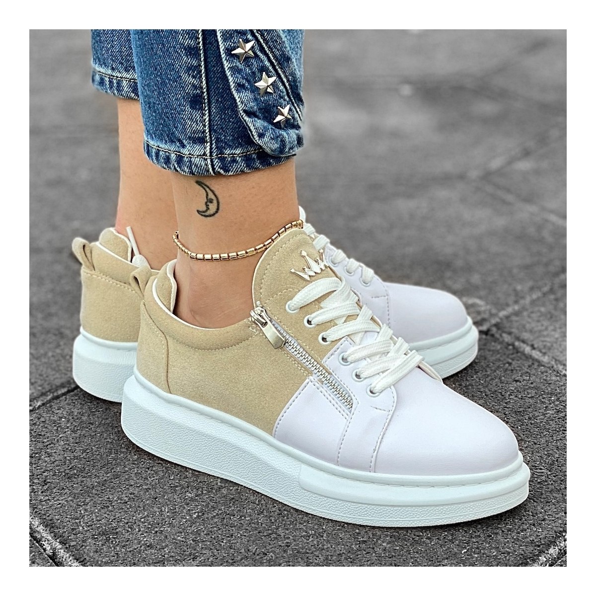 Women's Hype Sole Zipped Style Sneakers In Latte-White - 6
