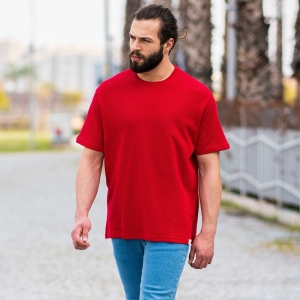 Herren Oversized T-Shirt mit Punkt Struktur in rot - 4