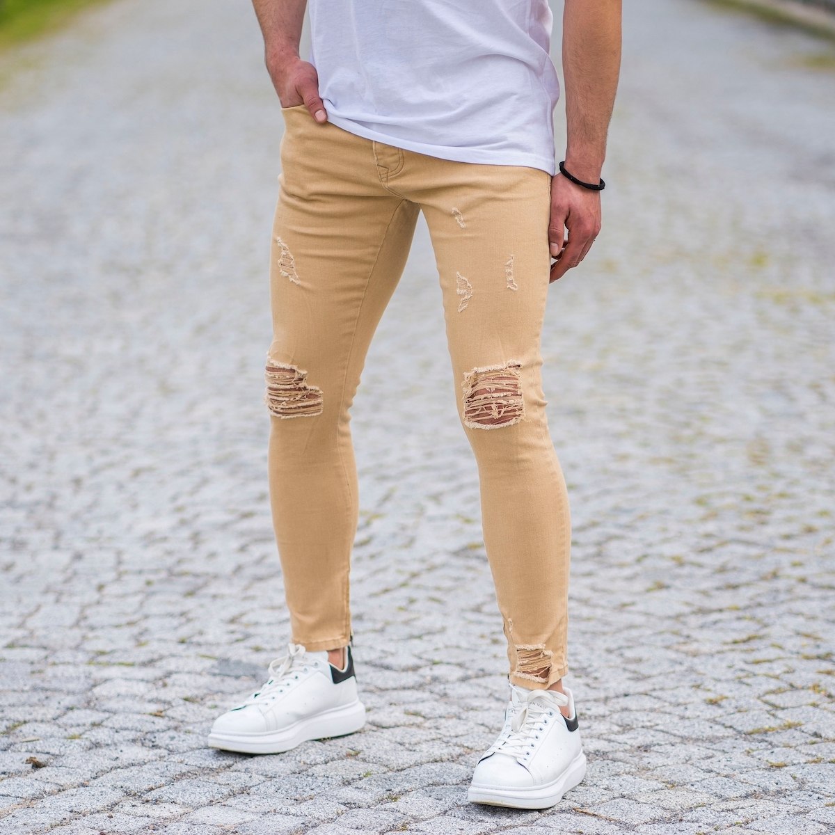 Herren Skinny Jeans mit Rissen in senfgelb - 2
