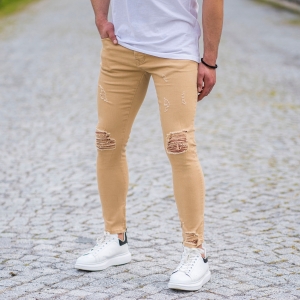Men's Skinny Ragged Jeans In Beige - 2