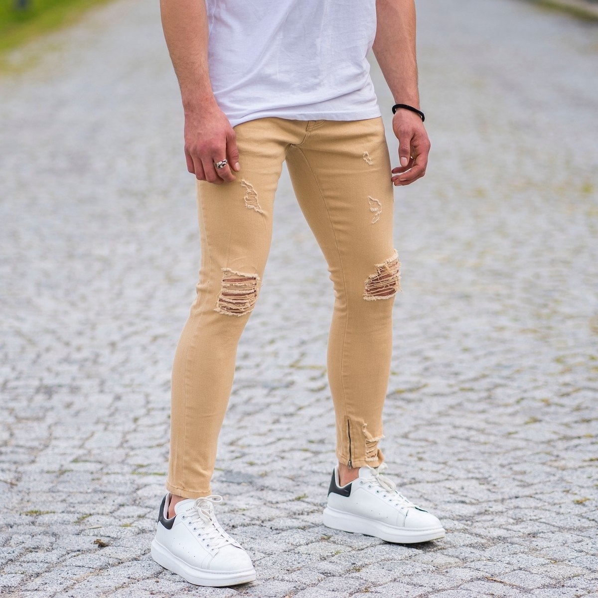 Men's Skinny Ragged Jeans In Beige