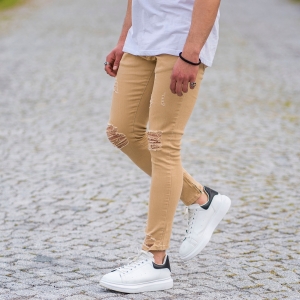 Men's Skinny Ragged Jeans In Beige - 4