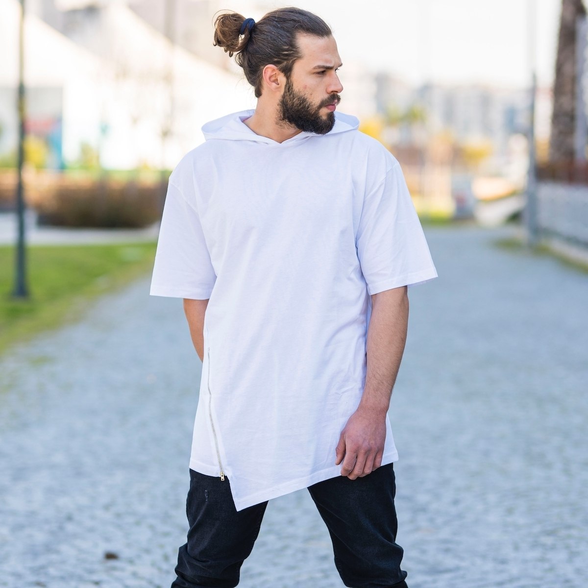 Men's Oversize Zipped T-Shirt In White - 4