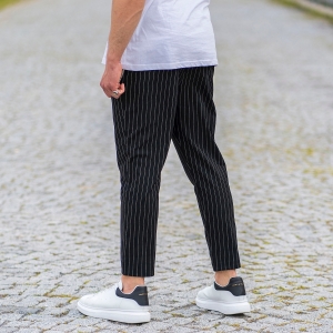 Stone Black Trousers With White Stripes and Chain