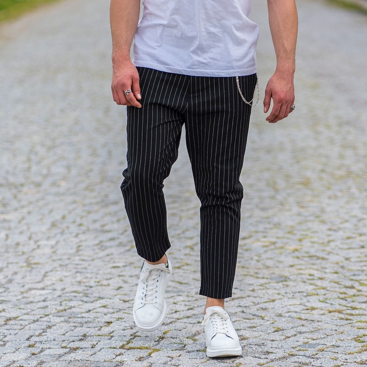 Stone Black Trousers With White Stripes and Chain - 1