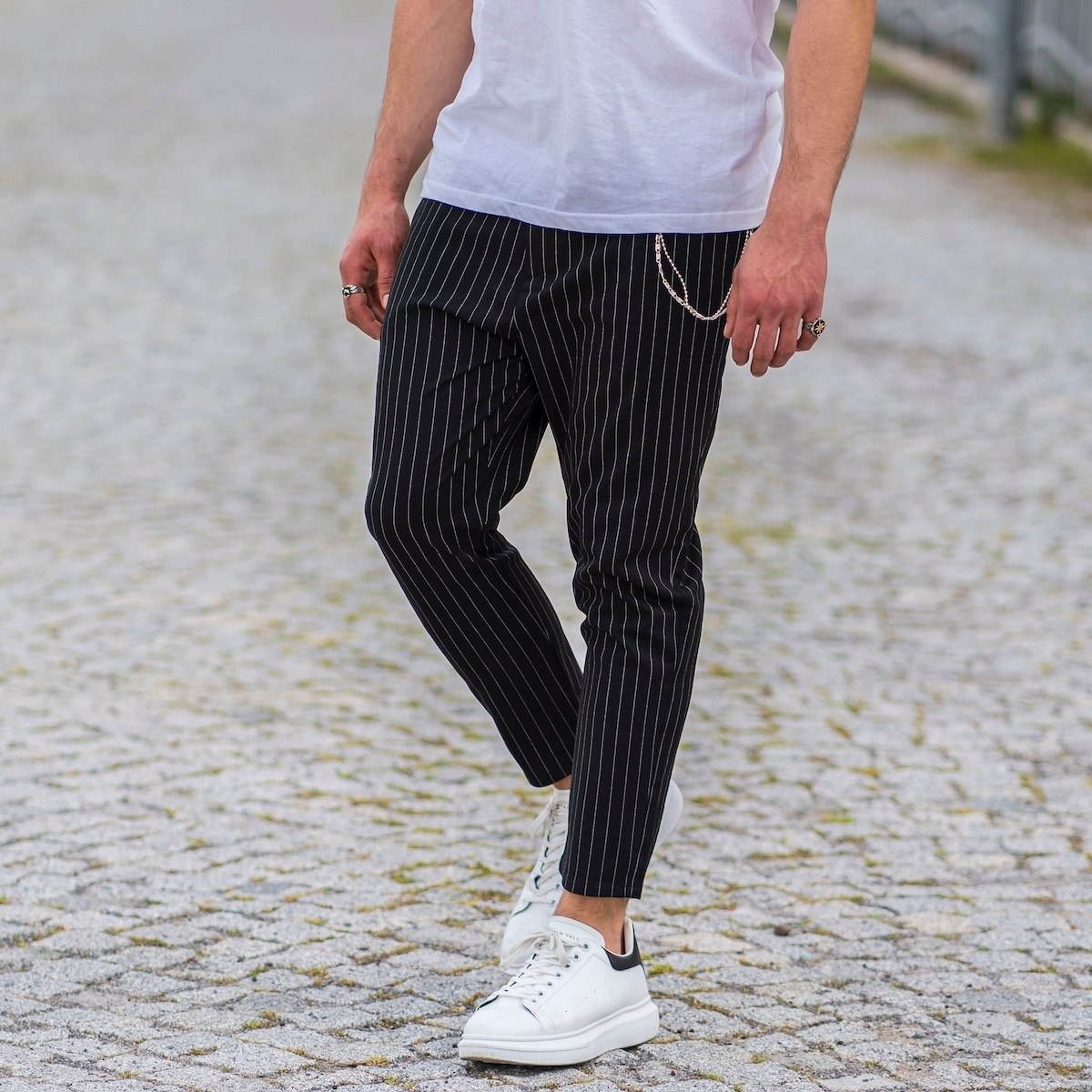 Stone Black Trousers With White Stripes and Chain - 4