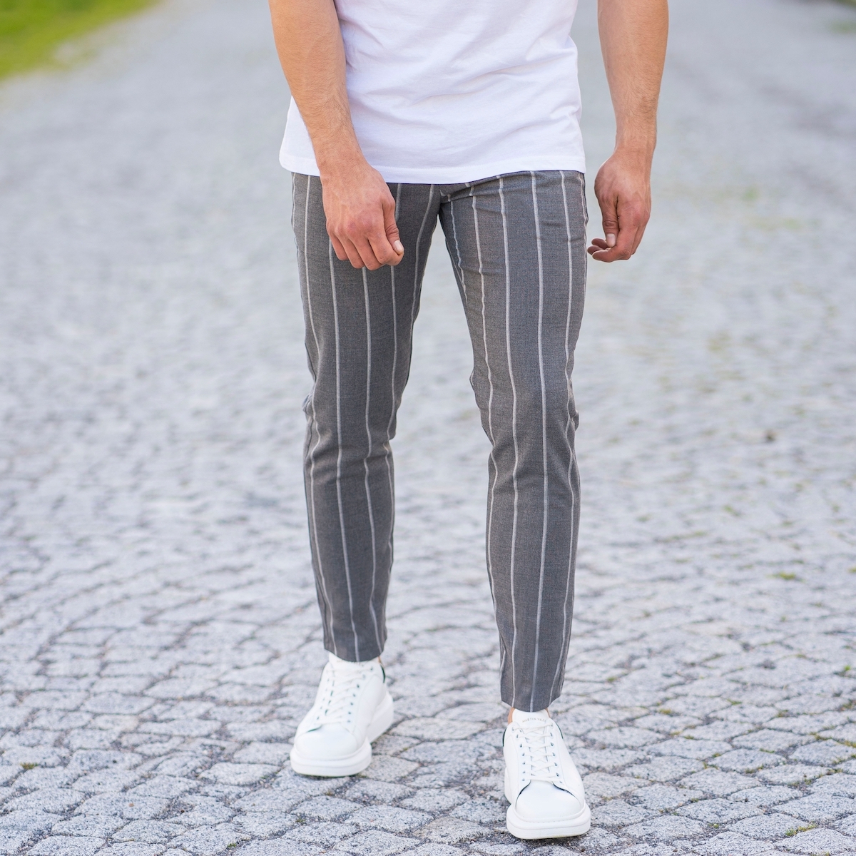 grey and white striped jeans