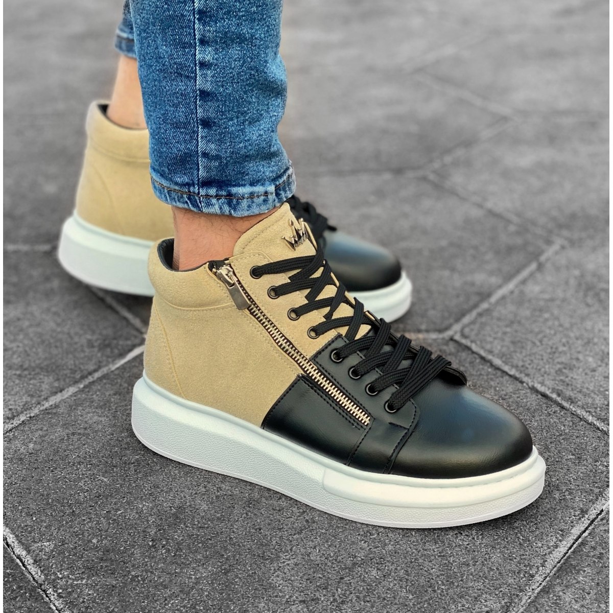 Hype Sole Zipped Style High Top Sneakers in Cream-Black | Martin Valen