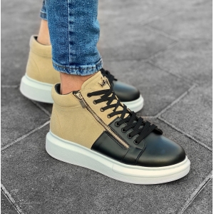 Men’s High Top Sneakers Designer Zipper Shoes Cream-Black