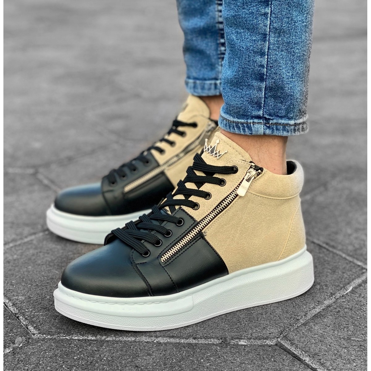 Herren High Top Sneakers Designer Schuhe mit Reissverschluss in creme-schwarz - 4