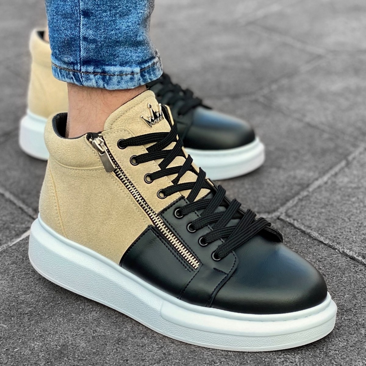 Herren High Top Sneakers Designer Schuhe mit Reissverschluss in creme-schwarz - 1