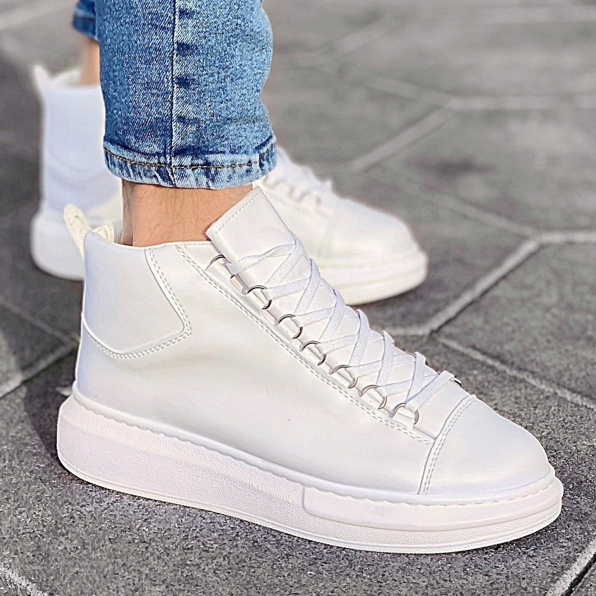 Uomo Alte Sneakers Scarpe Bianco - 2