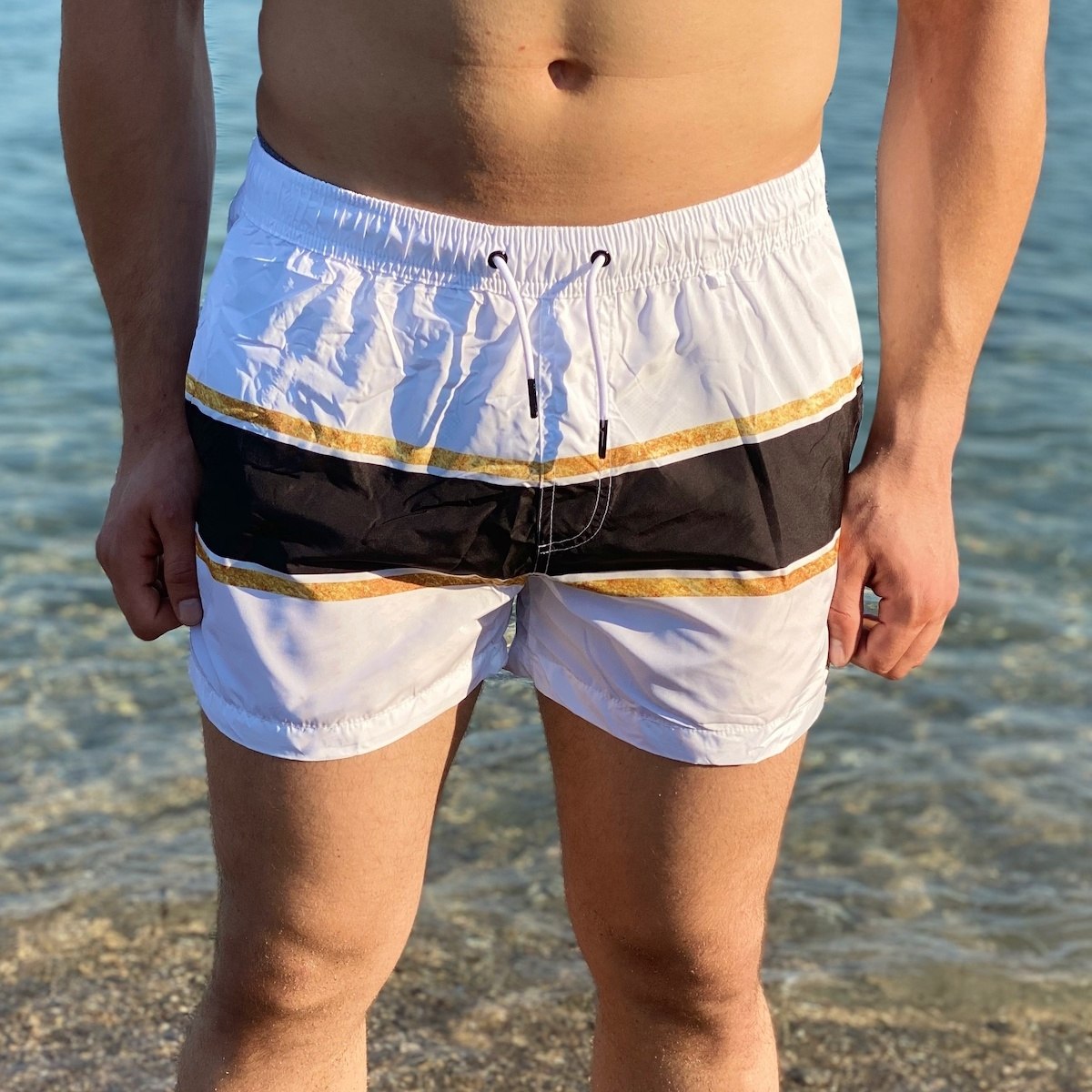 Men's Striped Swimming Short In White